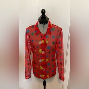 Unif red mesh button up shirt with smiley faces